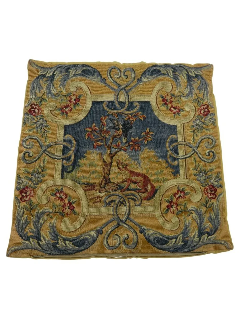 VTG J Pansu 17x17in Fox Bird Tree Gold Blue Scroll Tapestry Pillow Sham France